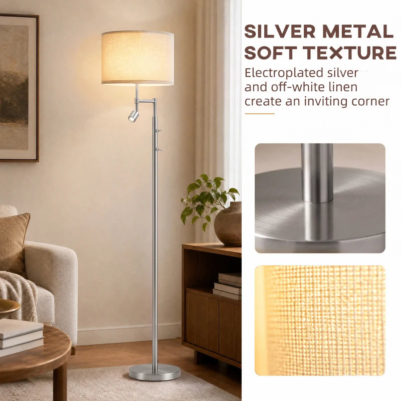 HOMCOM Modern Floor Lamp with Built-In Reading Light, Standing Lamp with Independent Switch, Satin Nickel
