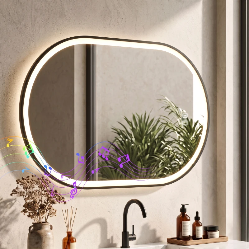 HOMCOM Oglindă de Baie Ovală cu LED 70x100 cm, Bluetooth, Memorie, Butoane Tactile, Antiaburire