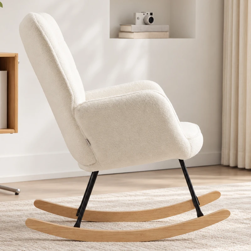 HOMCOM Schaukelstuhl in Vliesoptik mit Armlehnen, Ergonomischer Sessel mit Holzkufen, für Wohnzimmer, Schlafzimmer, Weiß(m-8)