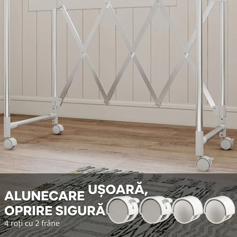 HOMCOM Uscător de Rufe Pliabil cu 3 Bare Reglabile, Roți Rotative și Cadru din Oțel Inoxidabil, Argintiu
