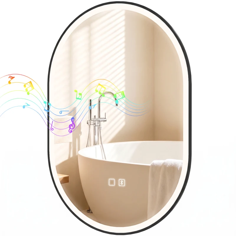 HOMCOM Oglindă de Baie Ovală cu LED 70x100 cm, Bluetooth, Memorie, Butoane Tactile, Antiaburire