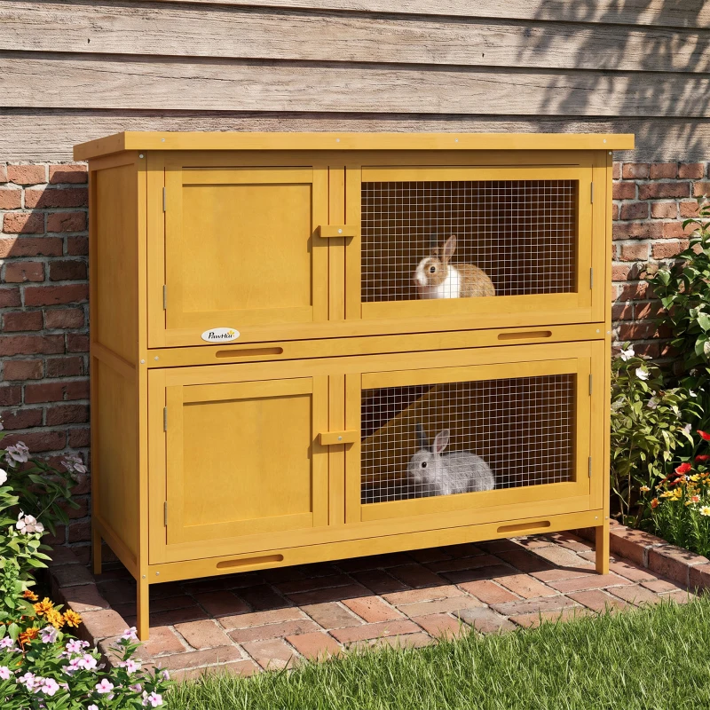 PawHut Double Decker Rabbit Hutch 2 Tier Guinea Pig Hutch Pet Cage Outdoor with Sliding-out Tray, 97 x 44 x 91cm, Yellow