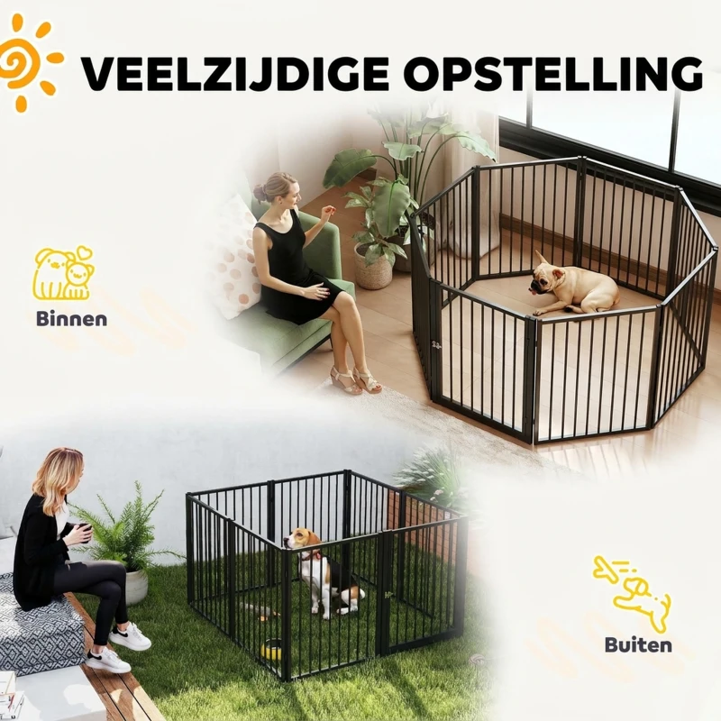 PawHut Puppyren, hondenren, puppyhek, 8 panelen met deur, opvouwbare en draagbare hondenomheining, staal, zwart(m-4)