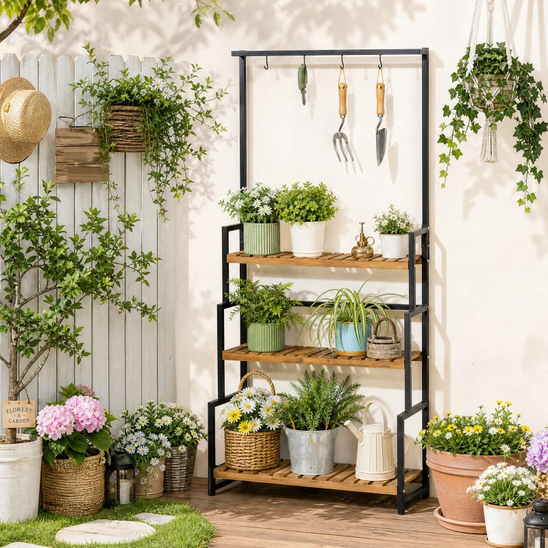 Outsunny 3 Tiered Plant Stand with Hanging Hooks, Flower Rack Shelf for Indoor Outdoor Porch Balcony Living Room Bedroom