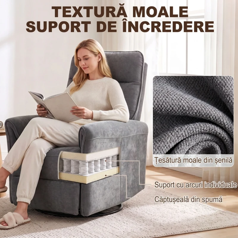 HOMCOM Fotoliu relax electric 155° cu suport pentru picioare, tapițat, rotire 270°, balansoar, șenilă, gri