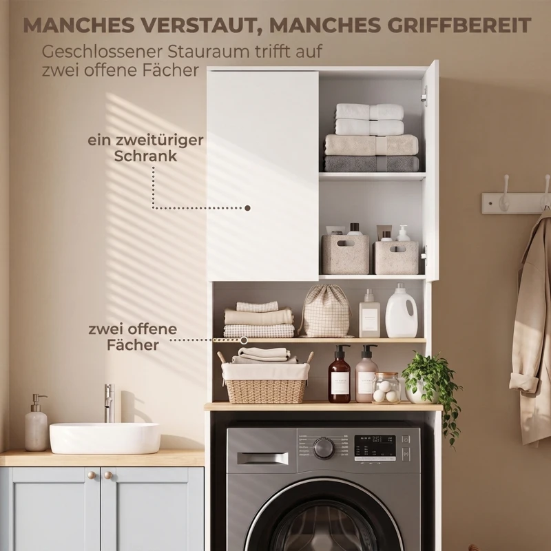 HOMCOM Wasmachinekast met verstelbare legplank en 2 deuren, wit/eiken