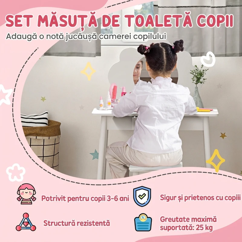 AIYAPLAY Set de machiaj pentru fetițe de 3-6 ani cu taburet și masă de toaletă cu oglindă și sertar din lemn alb