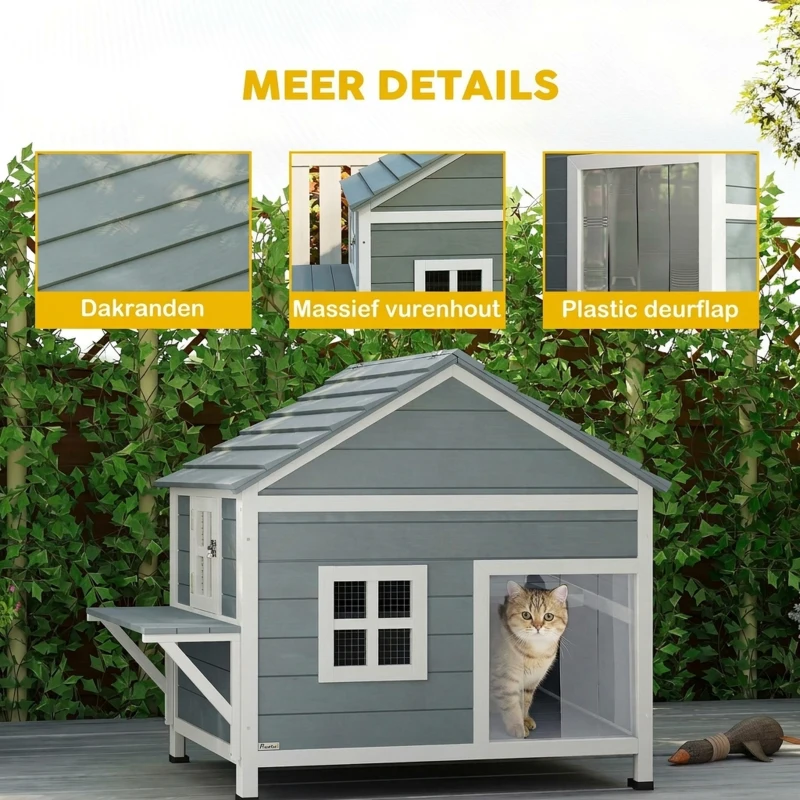 PawHut Kattenhuis van hout 2 verdiepingen kattengrot met waterdicht opklapbaar dak, zijplatform, 101x72,5x81cm, Grijs