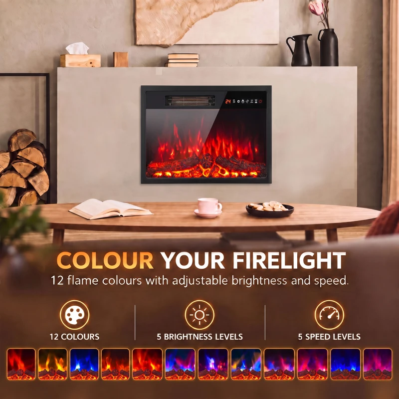 HOMCOM Electric Fireplace Insert, Recessed Electric Fire with Adjustable Flame Effect, Timer, Remote, 750W/1500W, Black