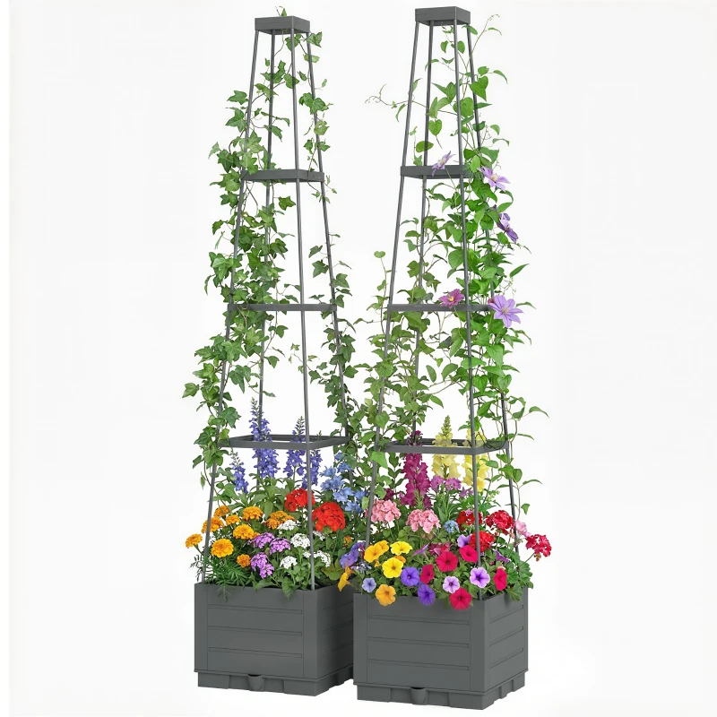 Outsunny 2 Pack Raised Garden Bed with Trellis, Plastic Outdoor Planter Box with Removable Drainage Tray