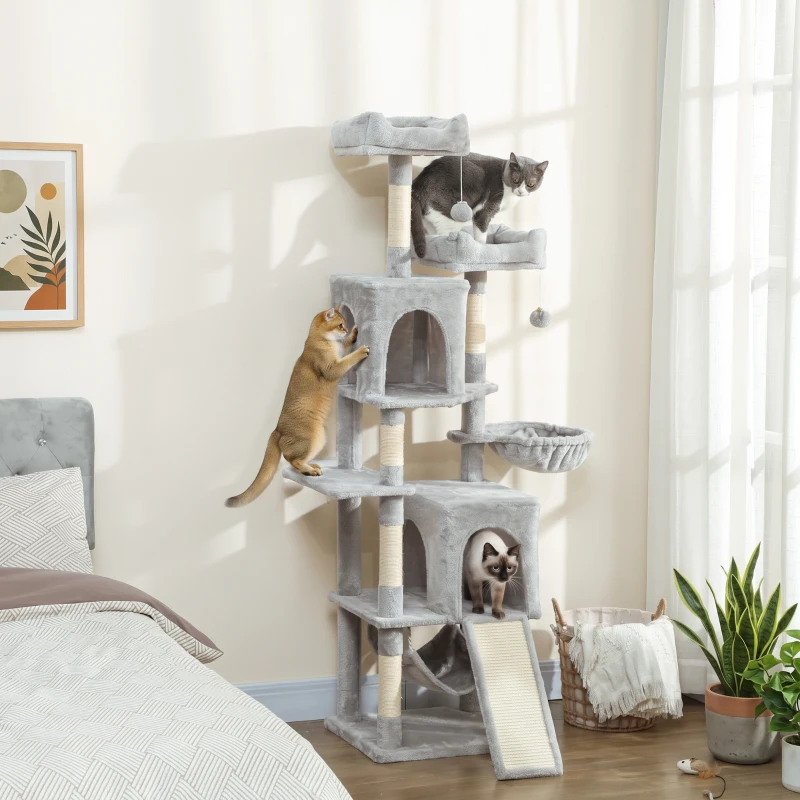 PawHut Arbre à chat tour de jeux pour chat 3 platesformes 2 niches 2 lits 2 hamacs 1 échelle hauteur 177 cm gris clair