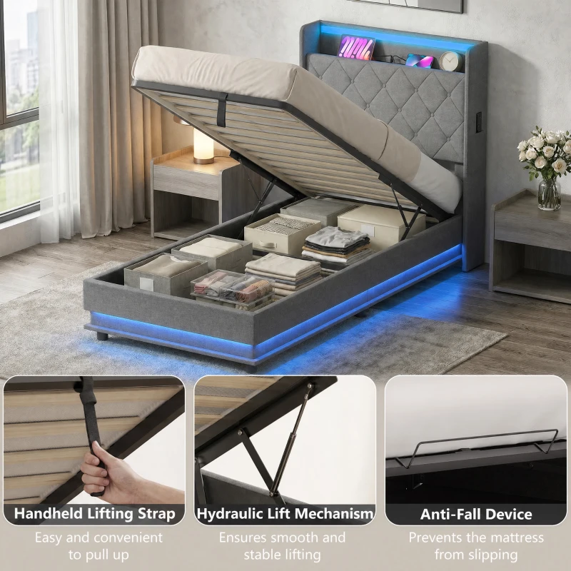 HOMCOM 3ft Single Bed Frame with Headboard, Platform Bed Frame with Hydraulic Storage, LED Lights and Charging Station, Grey
