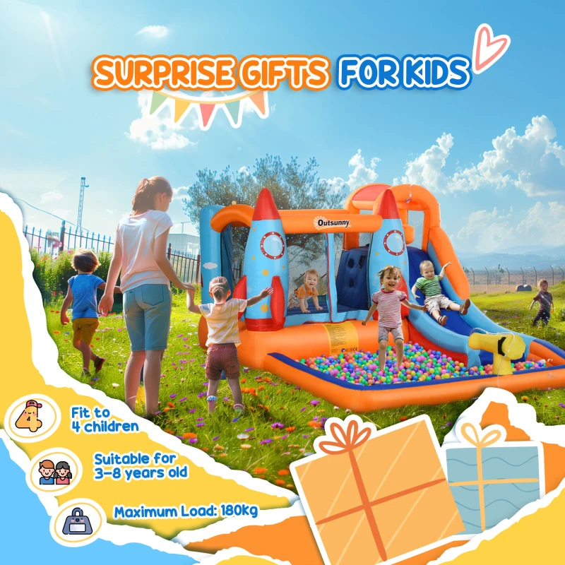 Outsunny Opblaasbaar Springkasteel met Blower voor 4 Kinderen Raketpatroon