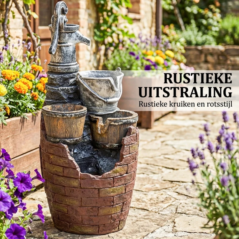 Outsunny 4-laags rustieke tuinfontein met LED-verlichting, plantenbak en verstelbare pomp, 34 x 31 x 76 cm