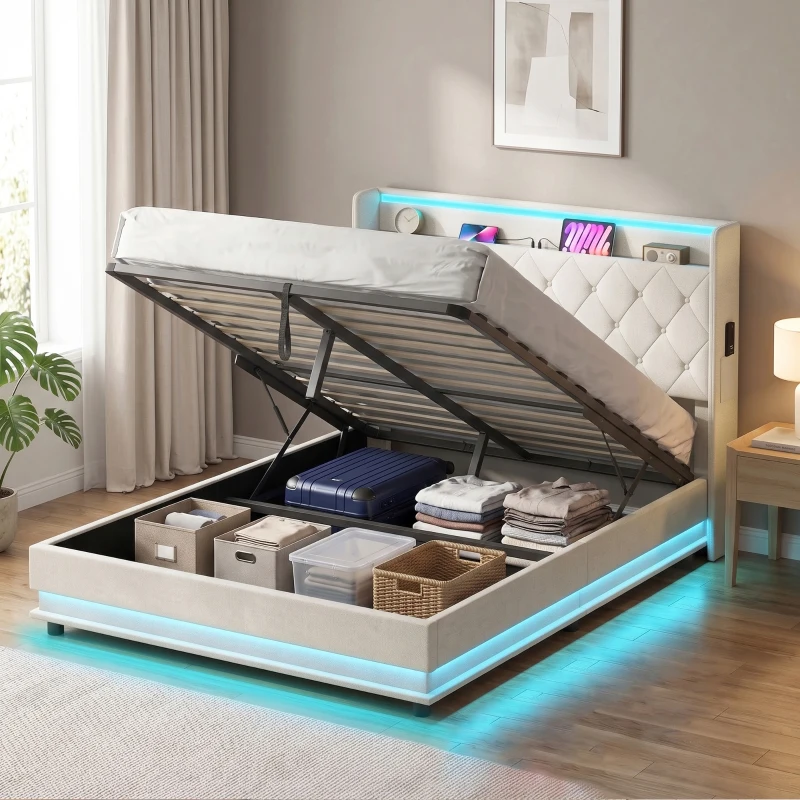 HOMCOM 4ft6 Double Bed Frame with Headboard, Platform Bed Frame with Hydraulic Storage, LED Lights and Charging Station, Cream