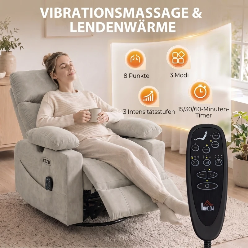 HOMCOM Elektrischer Relaxsessel mit Dreh- und Schaukelfunktion, Massage & Wärme, 3D-Armlehnen, USB-C/USB-Anschlüssen, Hellgrau