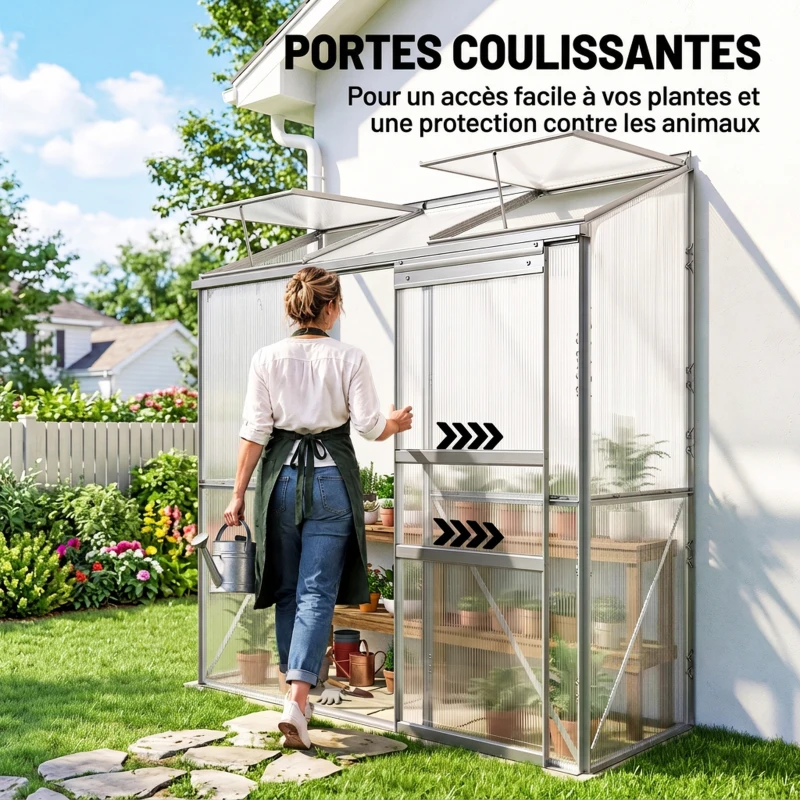Outsunny Serre adossée serre de jardin fenêtres ouvrables à 5 niveaux panneau en PC cadre aluminium 192 x 68 x 196 cm transparent(m-6)