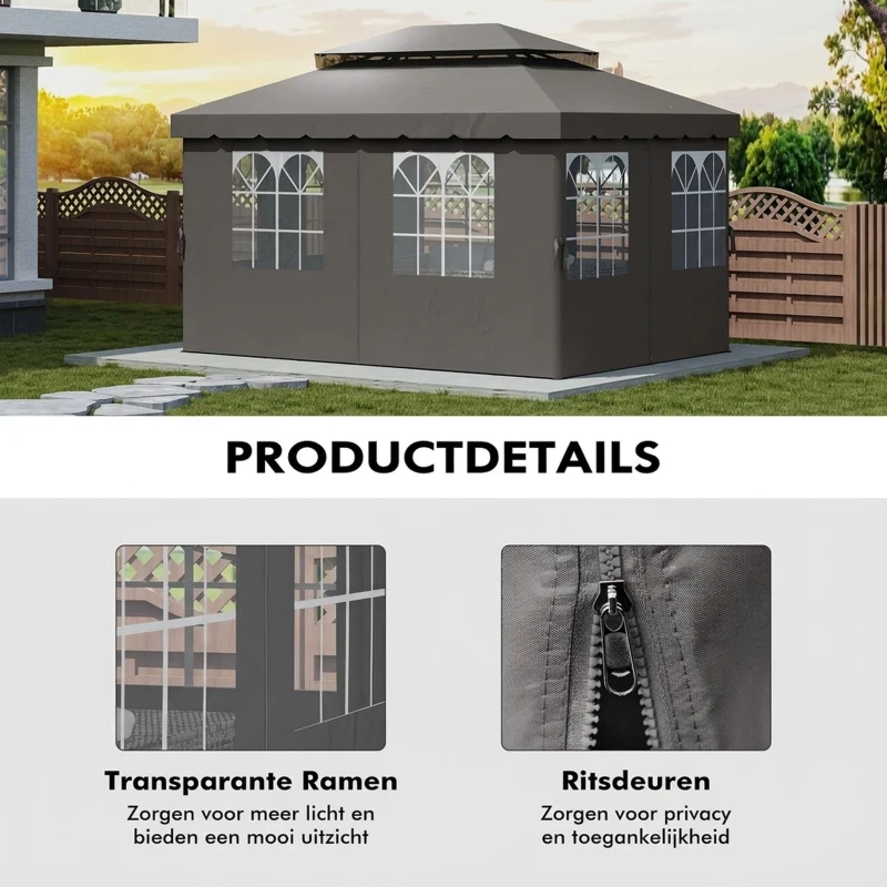 Outsunny Paviljoenzijwanden, 4 zijpaneeldelen voor tuinpaviljoen, met rits, 3 x 4 m paviljoen, Donkergrijs