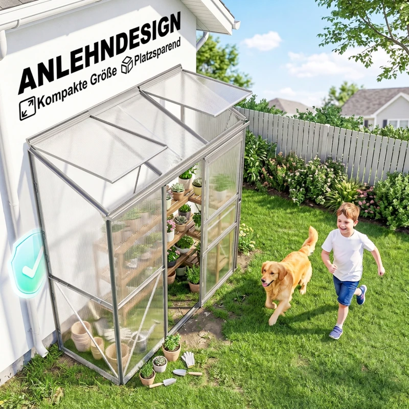 Outsunny Anlehngewächshaus, Schiebetür, Dachfenster, Polycarbonat+Aluminium, Farbe: Silber, 192 x 68 x 196 cm