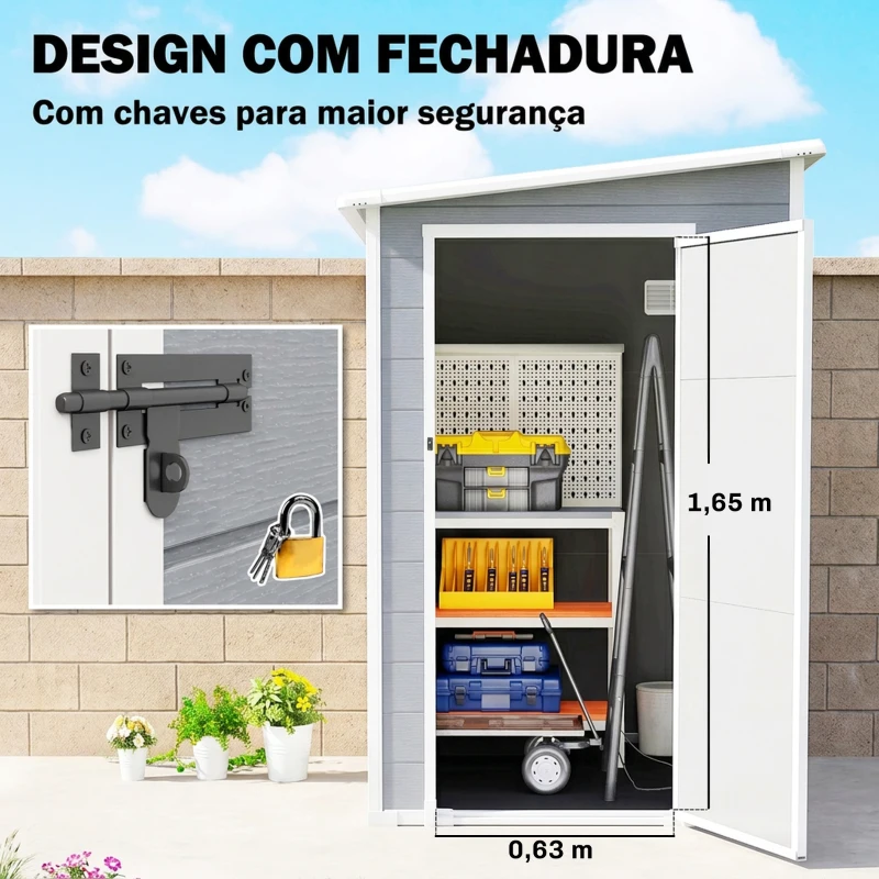 Outsunny Abrigo de Jardim em Resina com Piso, Porta com Trinco, Fechadura, Janela e Teto Inclinado, Cinzento