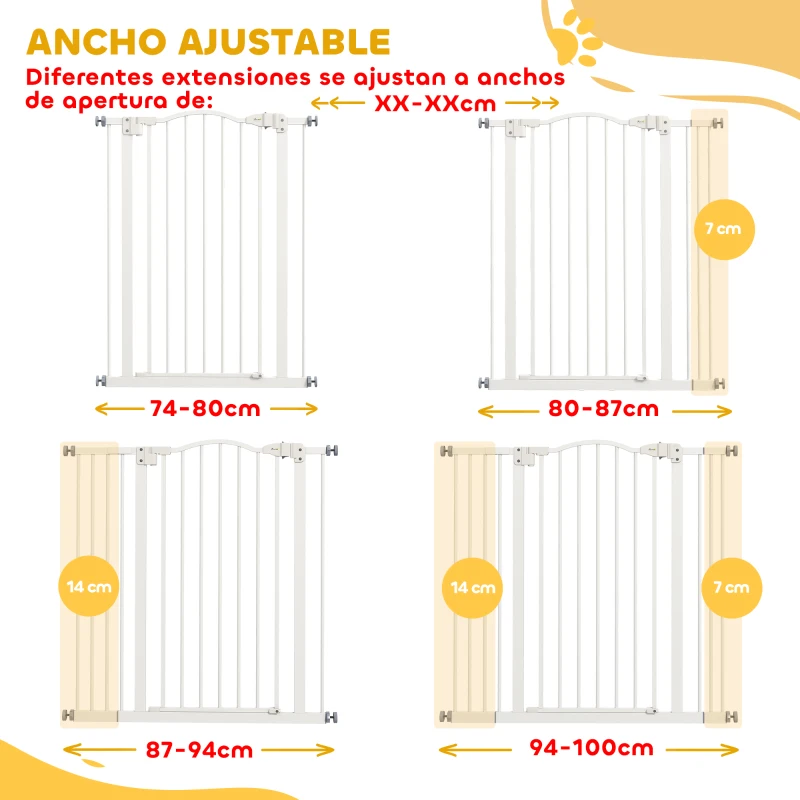 PawHut Barrera de Seguridad para Perros Extensible 74-100 cm para Puertas y Escaleras Cierre Automático Doble Bloqueo Blanco