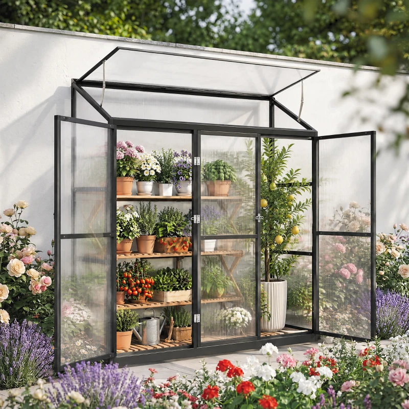 Outsunny 6 x 1.5ft Polycarbonate Greenhouse, Quick Setup, Lean-to Green House with 3 Hinged Doors, Top Vent, Black