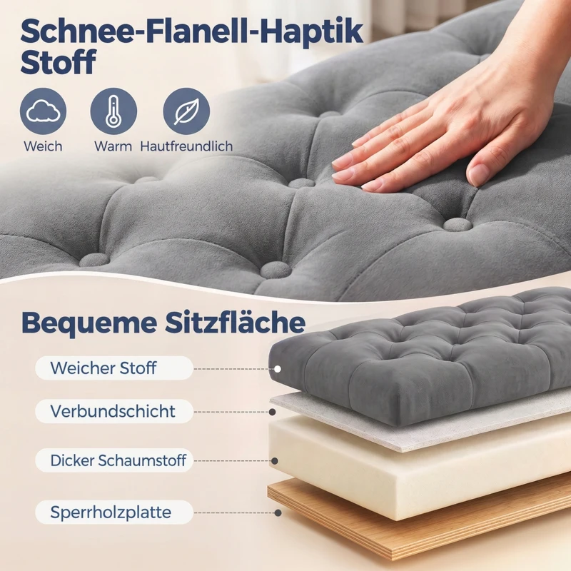 HOMCOM Sitzbank Polsterbank Bettbank, Knopfheftung, Samtoptik, 126 cm x 48,5 cm x 57 cm, Grau