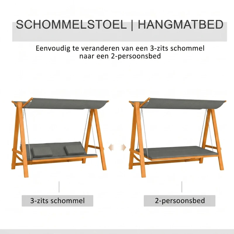 Outsunny hangmatschommel met bedfunctie 3-zits tuinschommel met dak ligbed tuinbank Lariks hout polyester grijs + teak 225.5 x 113 x 180 cm