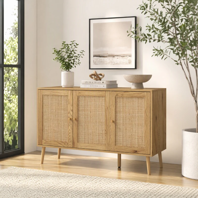 HOMCOM Aparador para Salón Bohemio con Puertas de Ratán y Estantes Ajustables 120x40x75 cm Madera Natural