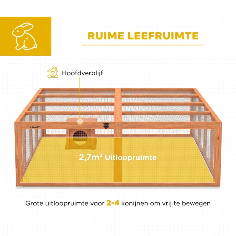 PawHut Konijnenhok met speelruimte van hout met opklapbaar dak deuren Schuilhuis voor 2-4 dwergkonijnen 180,4 x 150 x 48 cm Oranje