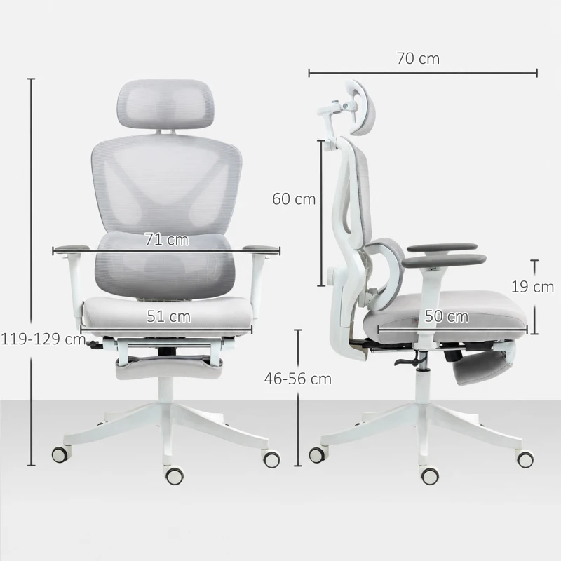 HOMCOM Cadeira de Escritório de Malha Reclinável com Apoio para a Cabeça Ajustável e Altura Regulável  71x70x109-119 cm Cinza