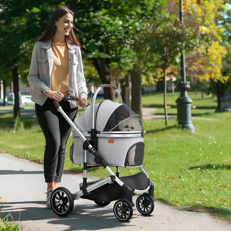 PawHut 3-in-1 Opvouwbare Hondenbuggy voor Honden & Katten tot 10 kg met Kussen en Bekerhouder - Lichtgrijs(m-2)
