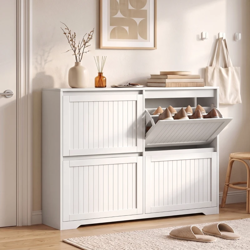 HOMCOM Pantofar slim cu 4 uși rabatabile, pentru 16 perechi, rafturi reglabile, 114,6x26x87,1 cm, alb