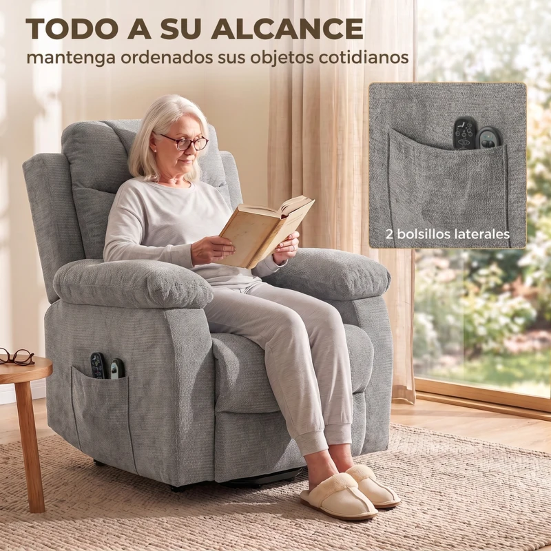 HOMCOM Sillón Relax Reclinable Eléctrico Levanta Personas con 8 Puntos Masaje y Calor Lumbar Puerto USB Mando Reposapiés Gris