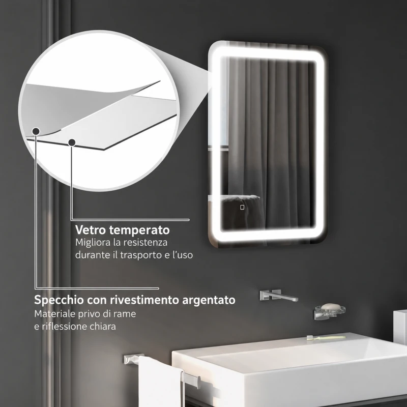 HOMCOM Specchio Bagno con Interruttore Touch, Luce LED a 3 Temperature e Antiappannamento, 70x50cm