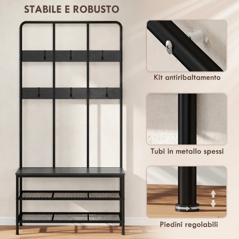 HOMCOM Appendiabiti da Ingresso 3 in 1 con 6 Ganci e Panca con Scarpiera, 91x36x180 cm, Nero