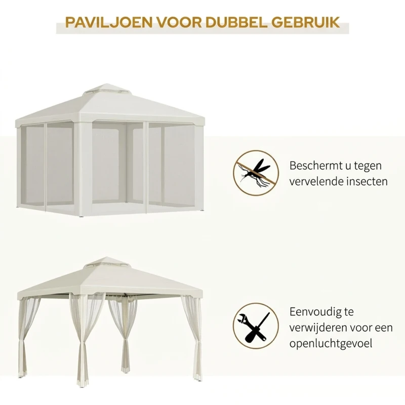 Outsunny tuinpaviljoen gazebo tuintent partytent met 4 x zijwand weerbestendig metaal + polyester crème wit 3 x 3 x 2.6 m(m-4)