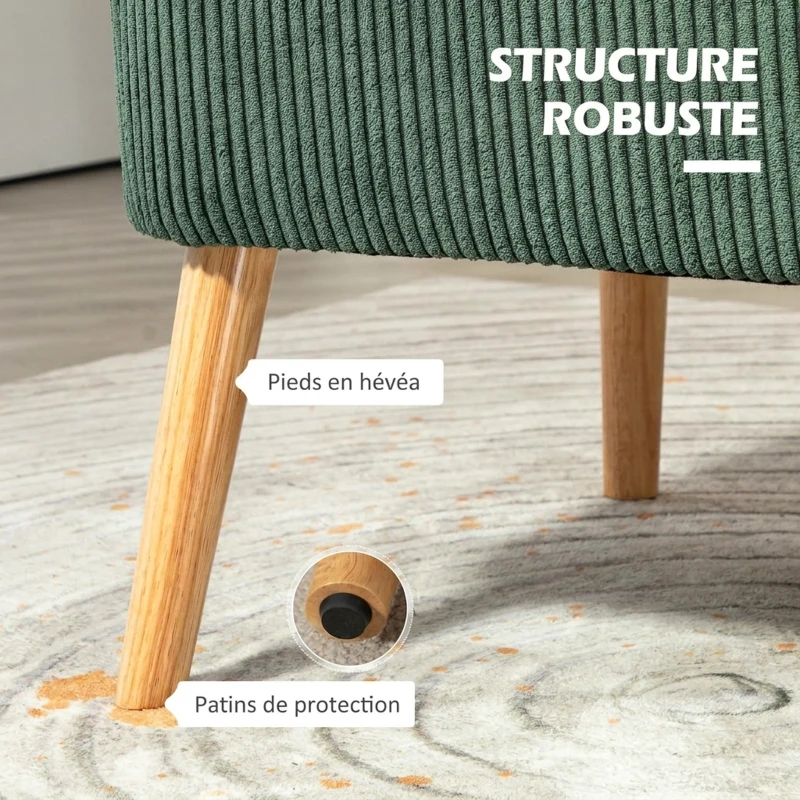 HOMCOM Canapé 2 places, canapé de salon en velours côtelé, assise rembourrée et pieds en bois d'hévéa, 117x56,5x77cm, vert(m-5)