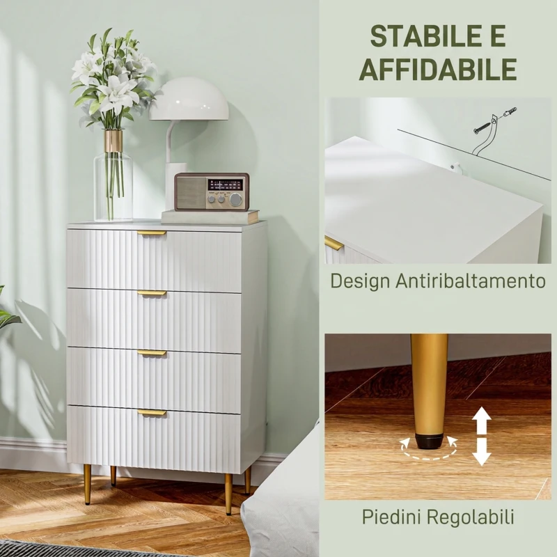 HOMCOM Cassettiera 4 Cassetti Moderna con Maniglie Dorate, 60x40x96 cm, Bianco