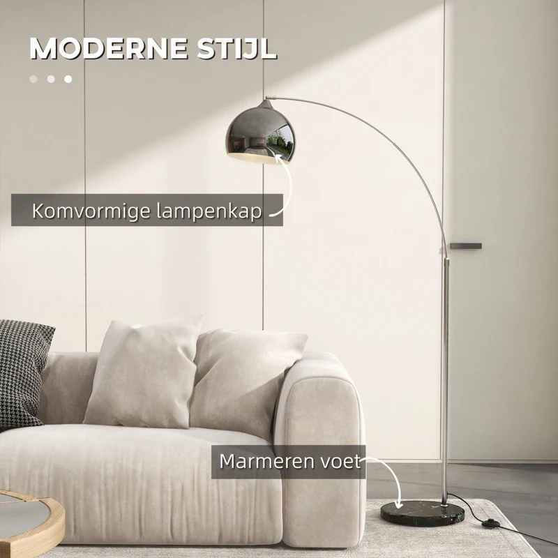 HOMCOM Booglamp, Staande Lamp, Verstelbaar, Voetschakelaar, Voet in Marmerlook, 170-180cm, Zilver/Zwart(m-4)