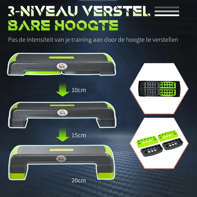 HOMCOM Aerobic-stepper, 3-traps in hoogte verstelbaar, tot 150 kg, 78 x 28 x 20 cm, Grijs/Groen