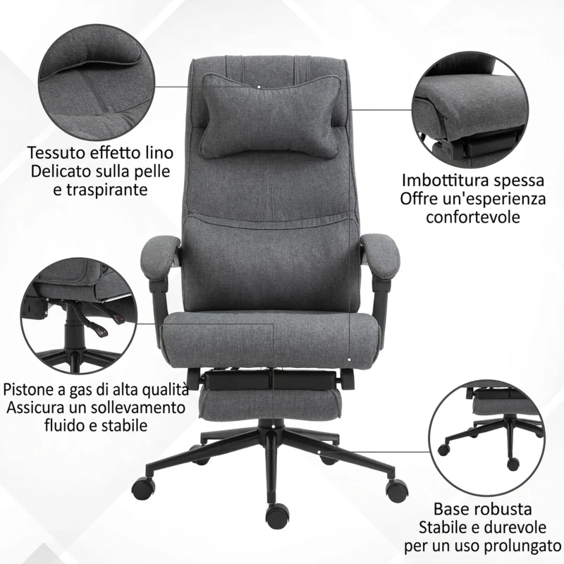 Vinsetto Sedia da Ufficio Ergonomica ad Altezza Regolabile con Braccioli e Poggiapiedi, 66x70x115-123 cm, Grigia