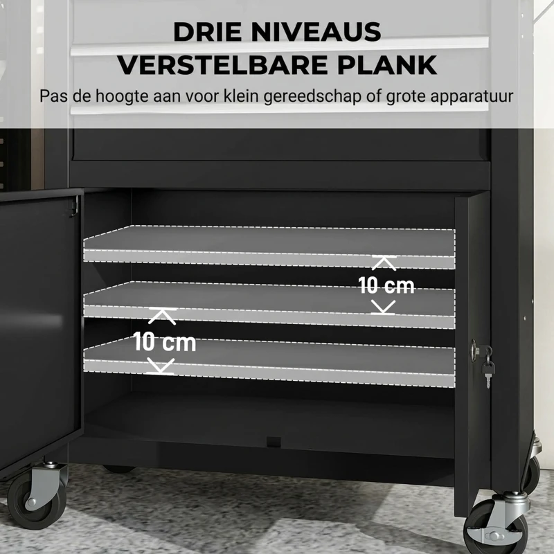 HOMCOM Gereedschapskast op wielen met perforatiepaneel en 3 lades voor garage en werkplaats, zwart