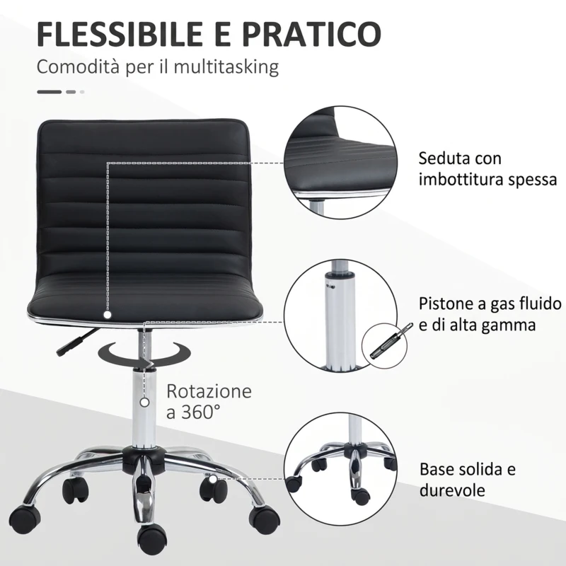 HOMCOM Sedia da Ufficio Ergonomica in Pelle PU con Altezza Regolabile, Seduta Girevole e Ruote, Nero