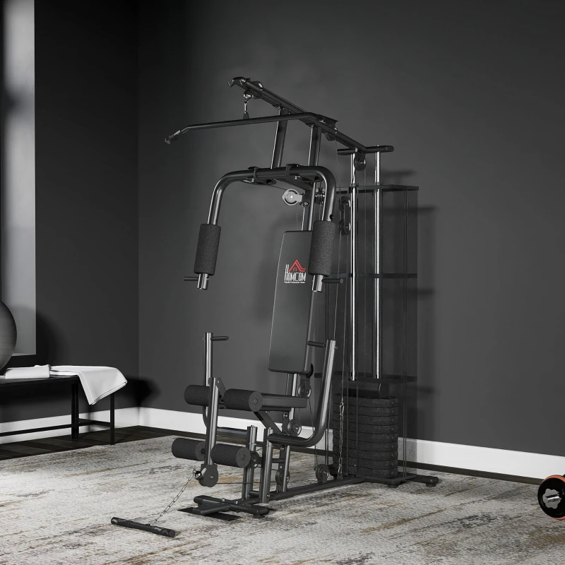 HOMCOM Gym Krachtstation Fitnessstation Multigym Fitnesscentrum Fitnessapparatuur incl. gewichten Latzug Beincurl Metaal PU-kunstleer zwart 150 x 110 x 210 cm(m-9)