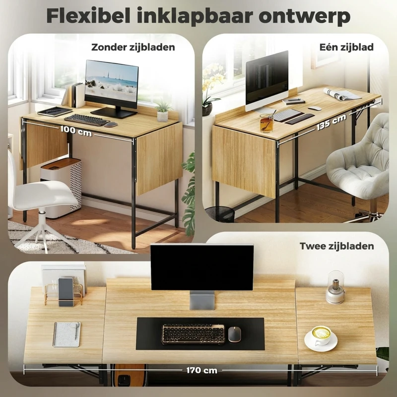 HOMCOM Inklapbare computertafel met 2 uitklapbladen, veel ruimte voor monitoren, metalen poten, stevige constructie, eikenlook + zwart(m-4)