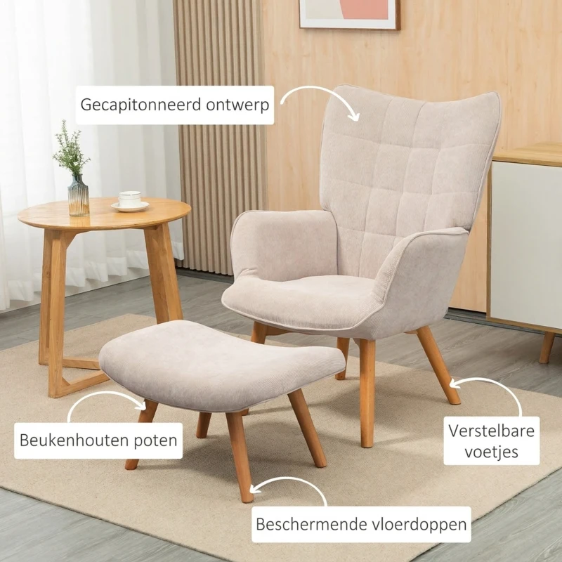 HOMCOM Fauteuil met Scandinavisch accent, voetenbank, fauteuilset, beukenhout, corduroy-look, beige(m-5)