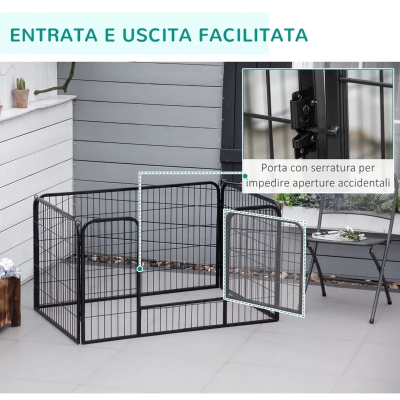 PawHut Recinto per Cani di Piccoli Taglia da Interno ed Esterno, Recinzione per Animali Domestici con Rete 6 pz in Acciaio e Metallo, 125x80x70 cm, Nero