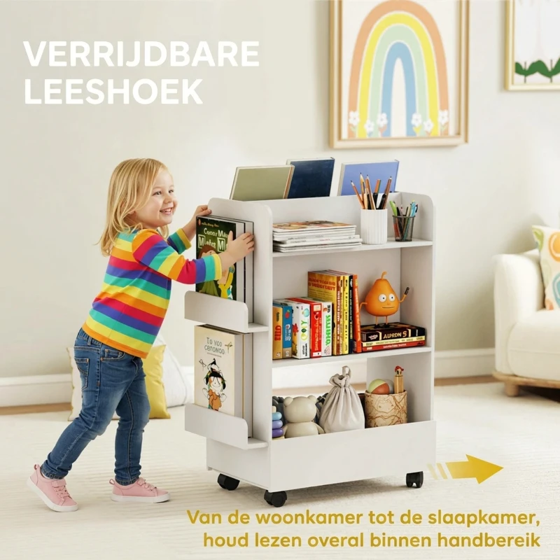 AIYAPLAY Kinderboekenrek met 4 planken, bodemvak, 2 zijvakken, krijtbord, wielen, voor 3–8 jaar, 66,5x32,5x86,5 cm Wit