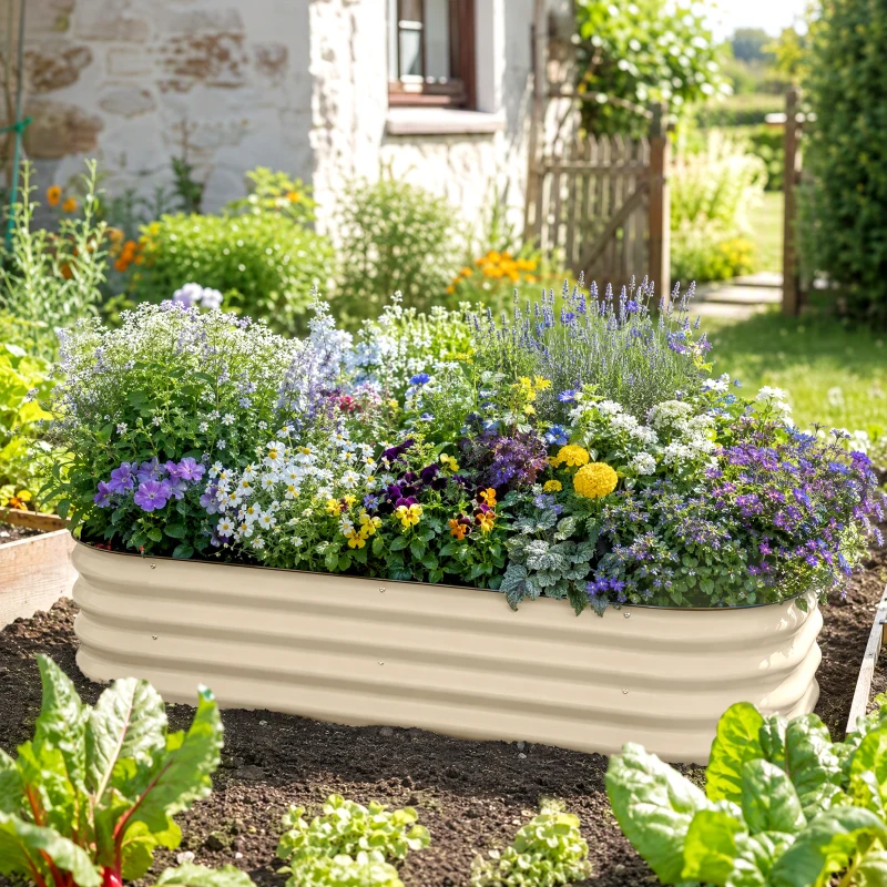 Outsunny Galvanised Raised Garden Bed, Metal Planter Box with Safety Edging, for Flowers, Herbs, Succulents, Cream White